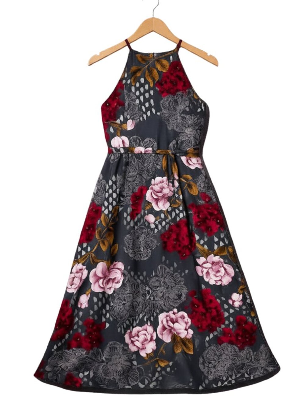 Everly Anthropologie Floral Halter Midi Dress Gray Pink Geometric Print Size S - Picture 2 of 6